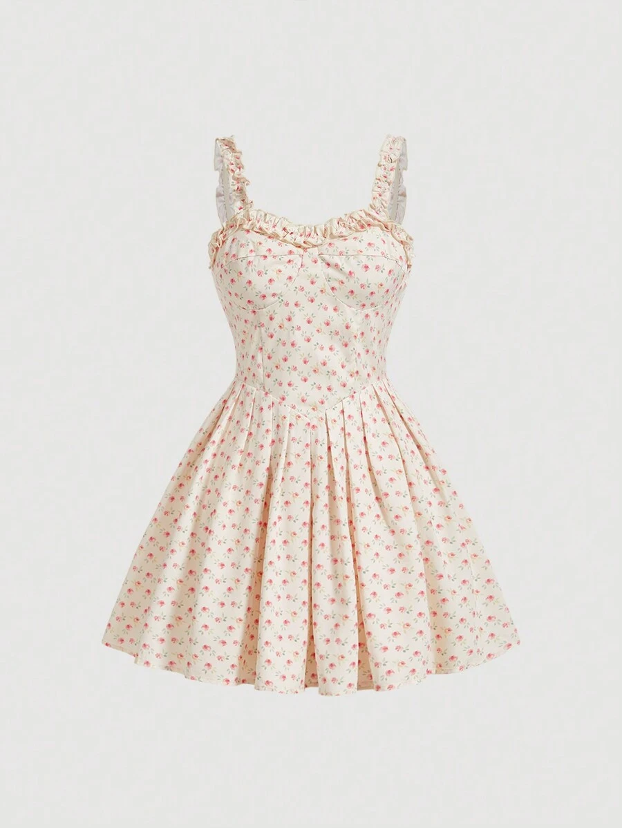 SHEIN MOD Women Ruched Shoulder Strap Tea Party Style Floral Print Bodycon Dress