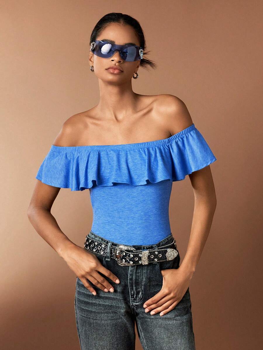 Forever 21 Summer Romantic & Sexy Knitted Off-Shoulder Bodysuit With Ruffled Lotus Edge & Flower Yarn Design