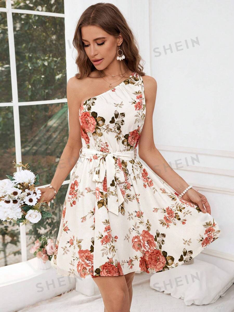 SHEIN VCAY Vestido casual de verano con un hombro y estampado floral