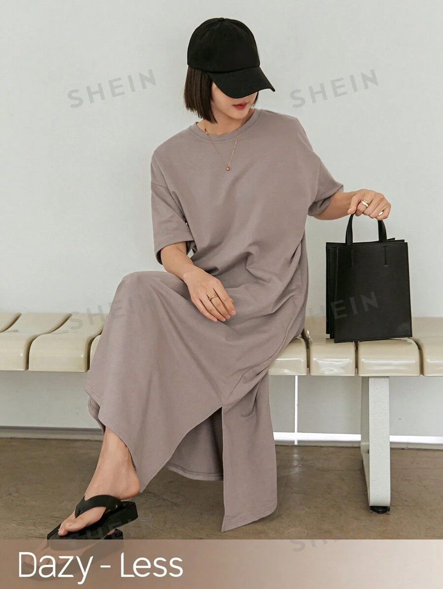 Dazy-Less Vestido casual de verano para mujer con cuello redondo, mangas cortas, hombros caídos y unicolor. Vestido casual y de negocios casual para mujeres