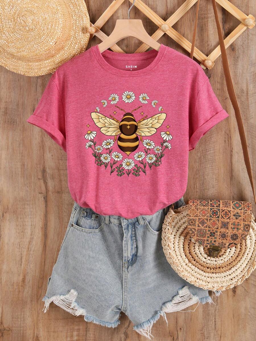 SHEIN LUNE Flower & Bee Pattern Printed Short Sleeve T-Shirt For Summer