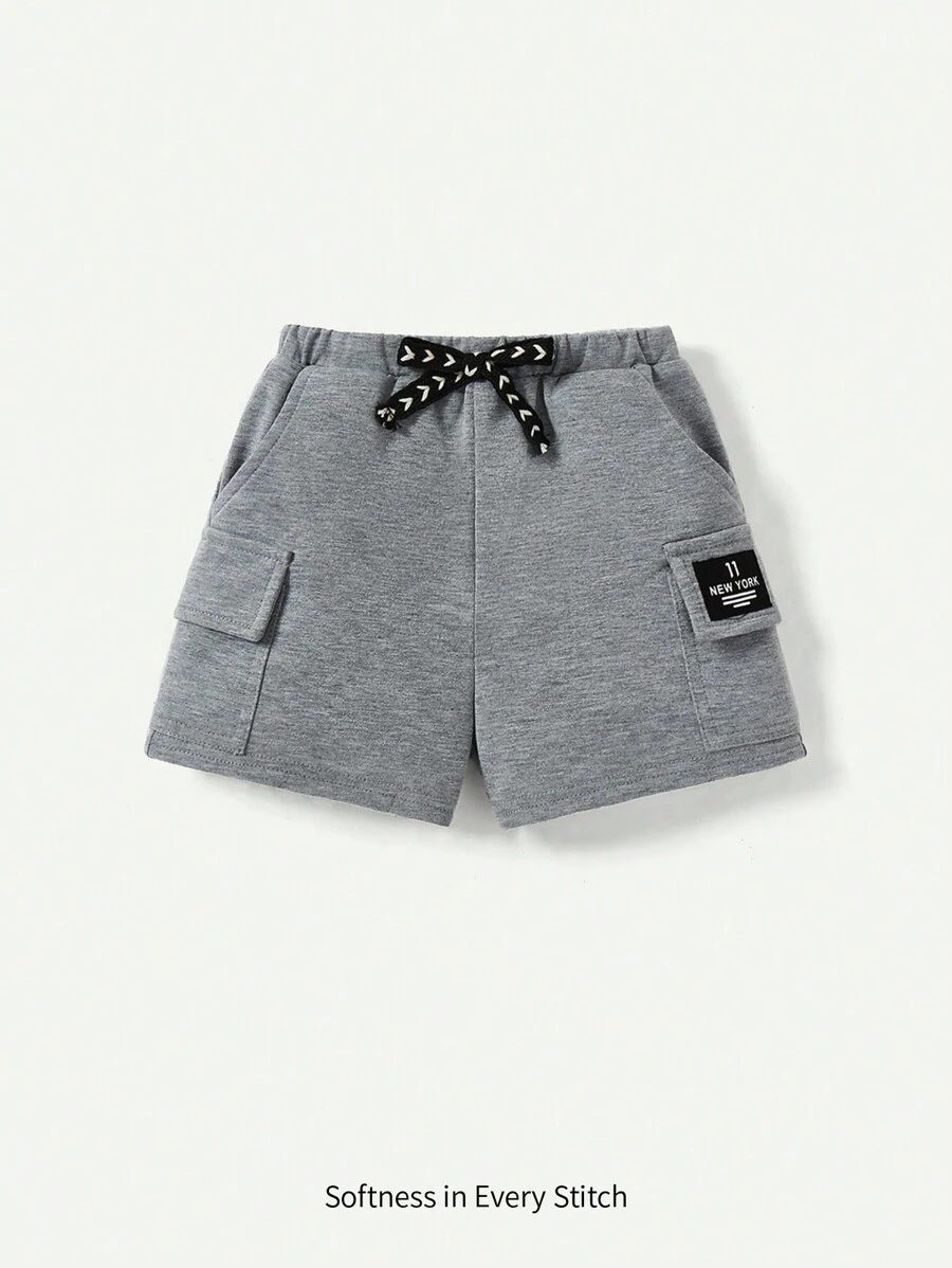 Cozy Pixies Shorts Décontractés Pour Bébé Garçon Avec Étiquette Tissée De Couleur De Bloc, Ceinture Élastique À Poches Latérales