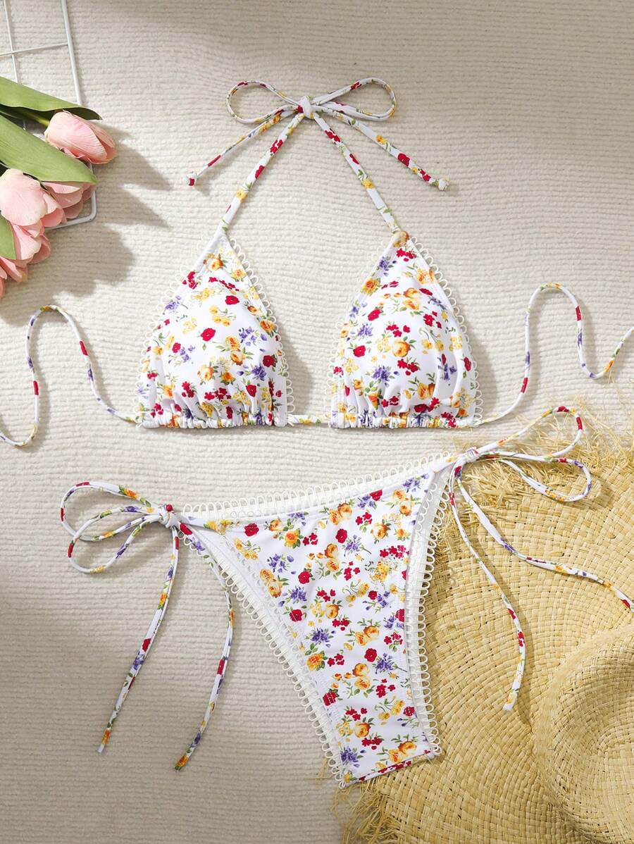 Swim Mod Summer Women's Small Flower Print Halter Bikini Set With Random Flower Pattern