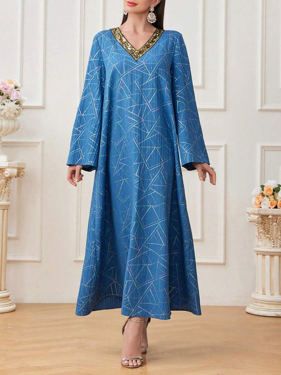 Al Najma Women's Geometric Printed Patchwork Sequined Long Sleeve Arabian Dress