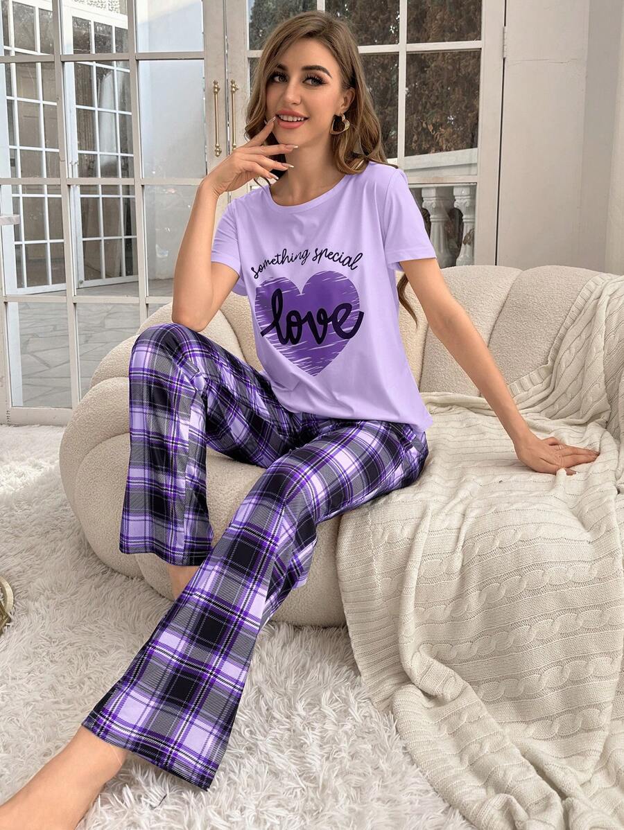 Conjunto de pijama de pantalón de cuadros con estampado de letras para mujer, simple y cómodo