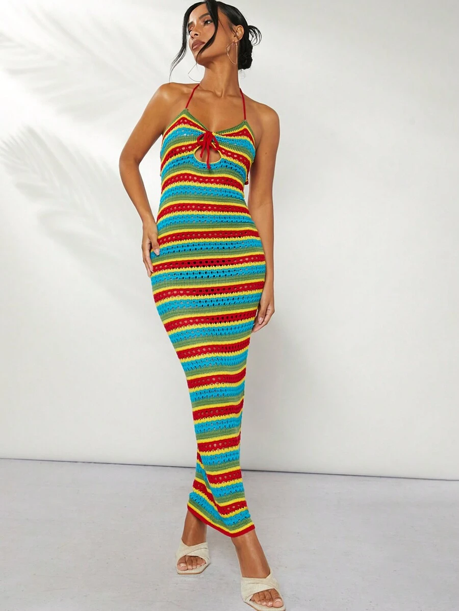 Hauture Women's Summer Colorful Striped Tie Front Hollow Out Halter Neck Cover Up Dress