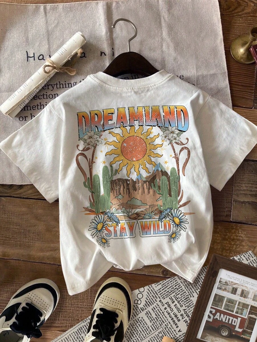 SHEIN Young Girl Casual Cartoon Landscape Print Short Sleeve T-Shirt, Suitable For Summer, Made Of Cotton