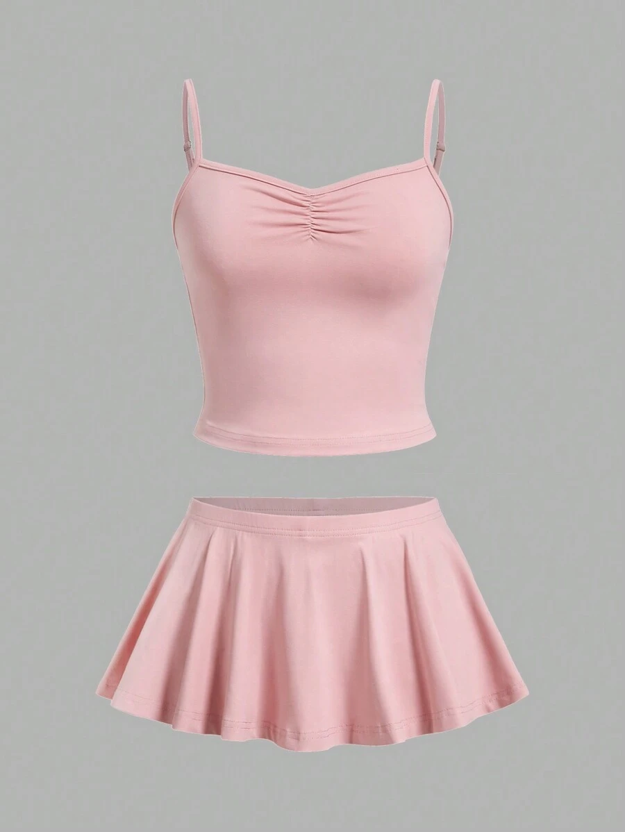 SHEIN EZwear Ladies' Solid Color Pleated Cami Top And Skort Set