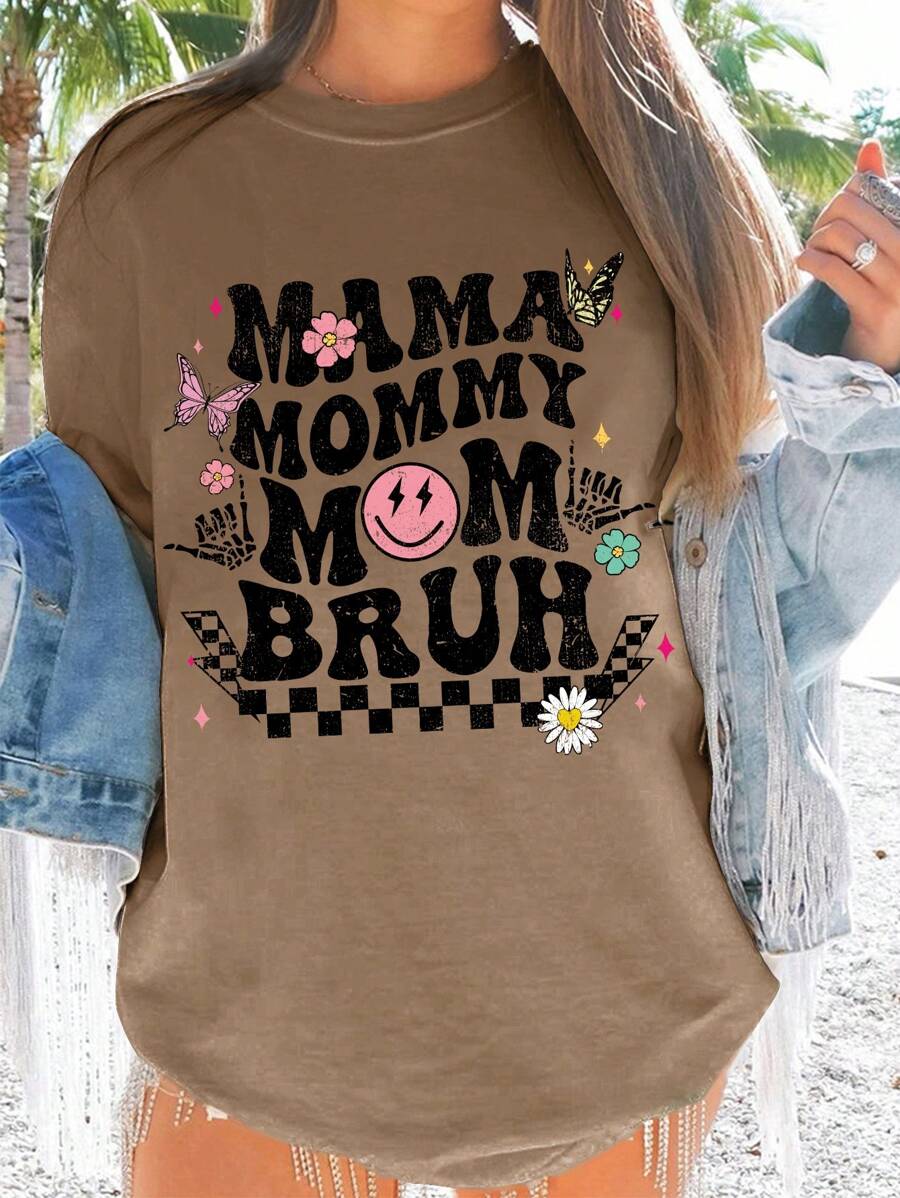 INAWLY Flower, Butterfly & Letter Printed Short Sleeve T-Shirt For Summer MAMA MOMMY MOM BRUH