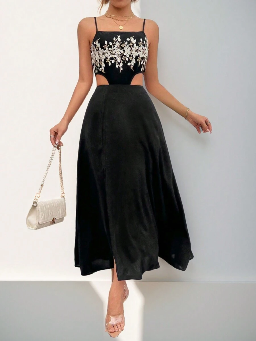 Chiquease Floral Embroidery Hollow Out Split Backless Cami Dress