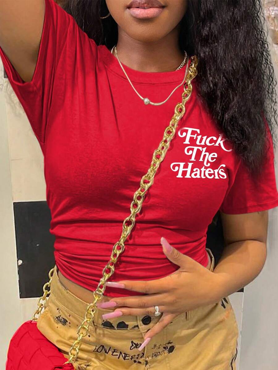 SHEIN Plus Size Alphabet Print Short Sleeve T-Shirt For Summer Graphic Tees Women Tops
