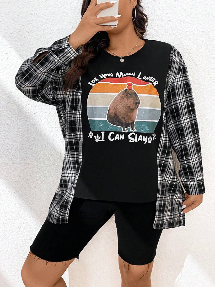 Flirla Plus Size Casual Plaid Spliced Cartoon Slogan Print 2 In 1 Shirt