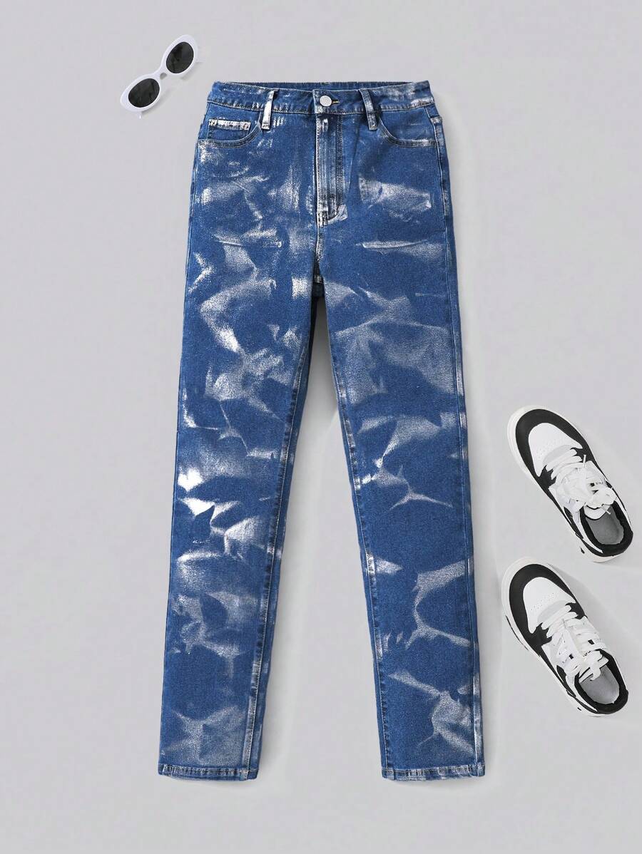 SHEIN Jeans de mezclilla azul lavados suaves, elásticos y metálicos de alta calidad para ropa de festival de música para adolescentes