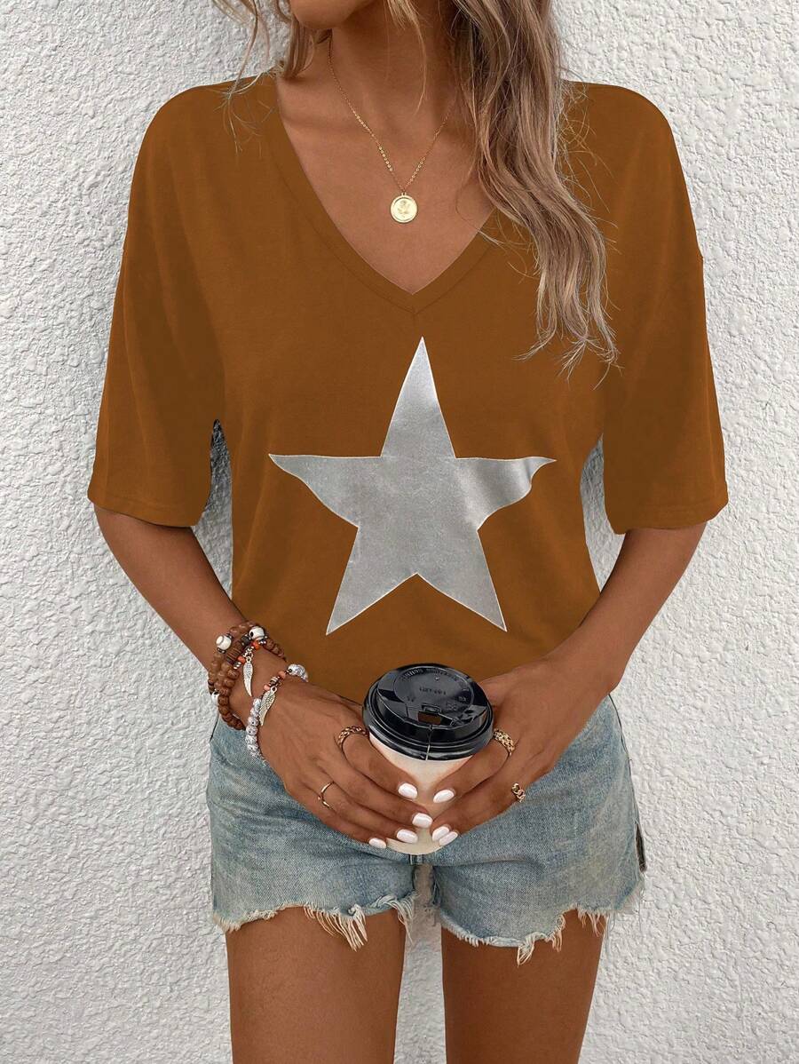 SHEIN LUNE Women's Summer Casual V-Neck Short Sleeve T-Shirt With Star Print