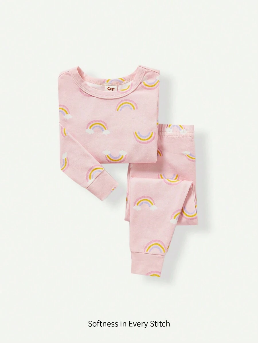 Cozy Pixies Baby Girl Snug Fit Rainbow Printed Round Neck Top And Long Pants Pajama Set