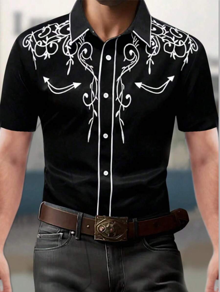 Manfinity Homme Men's Graphic Printed Designer Short Sleeve Button-Up Collar Shirt, For Vacation, Dad And Me, Daddy