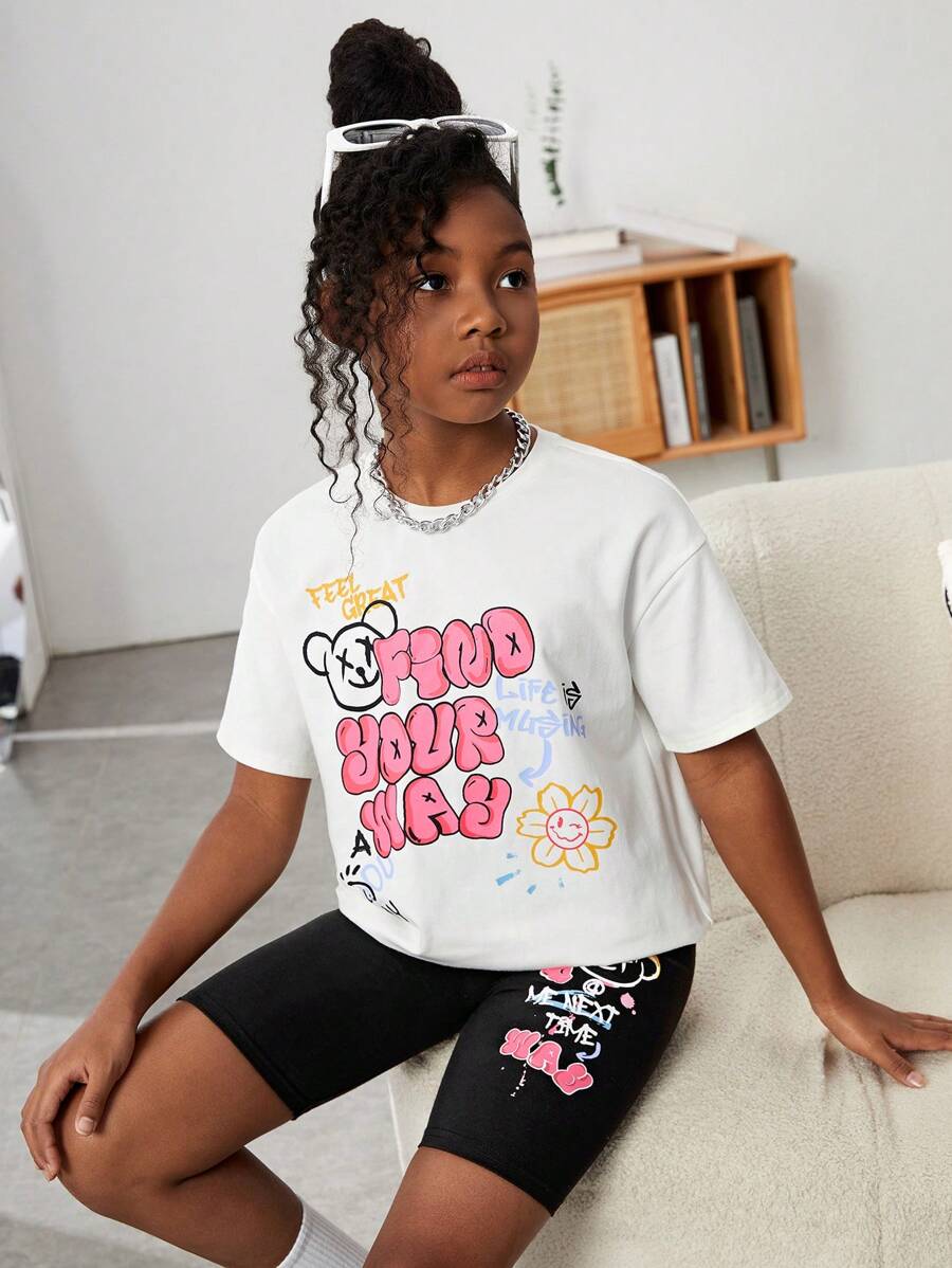 SHEIN Camiseta Holgada Con Estampado Gráfico Y Pantalones Cortos Para Ciclista De Niñas Adolescentes