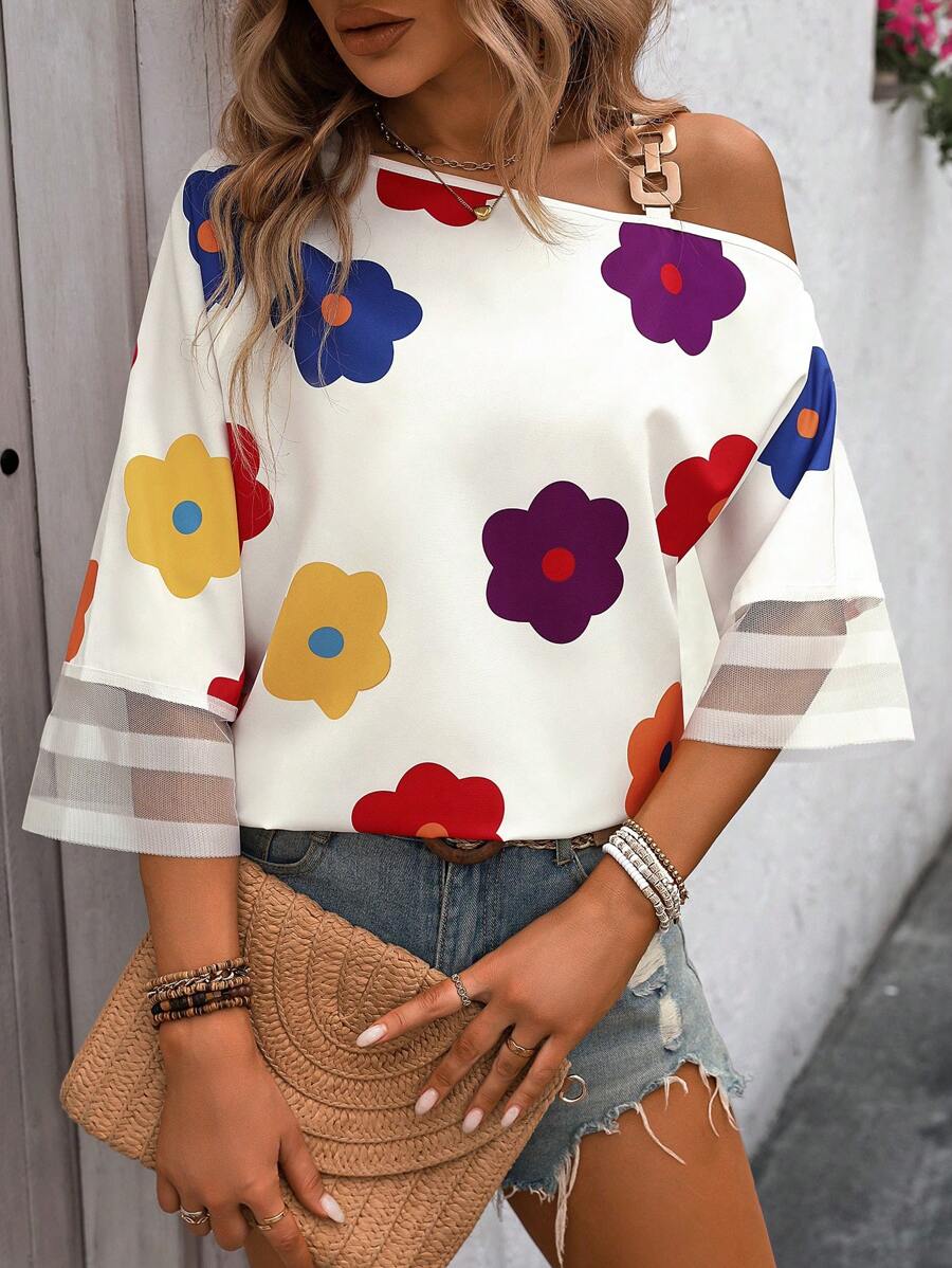 SHEIN LUNE Dames Lente/Zomer Los Shirt Met Bloemenprint En Asymmetrische Kraag Top Met Eén Schouder