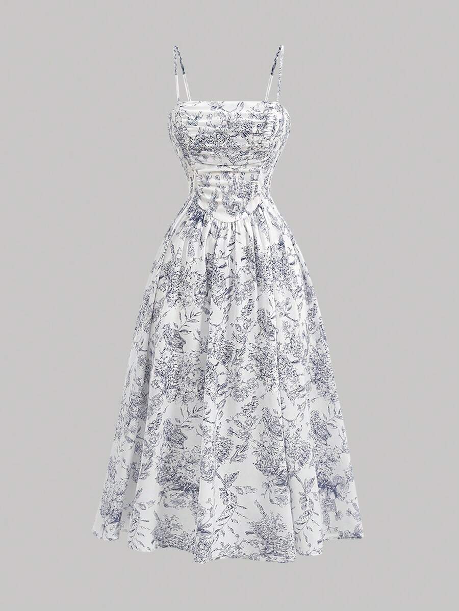 SHEIN MOD Summer Casual Plant Print Waist Cinched Spaghetti Strap Dress