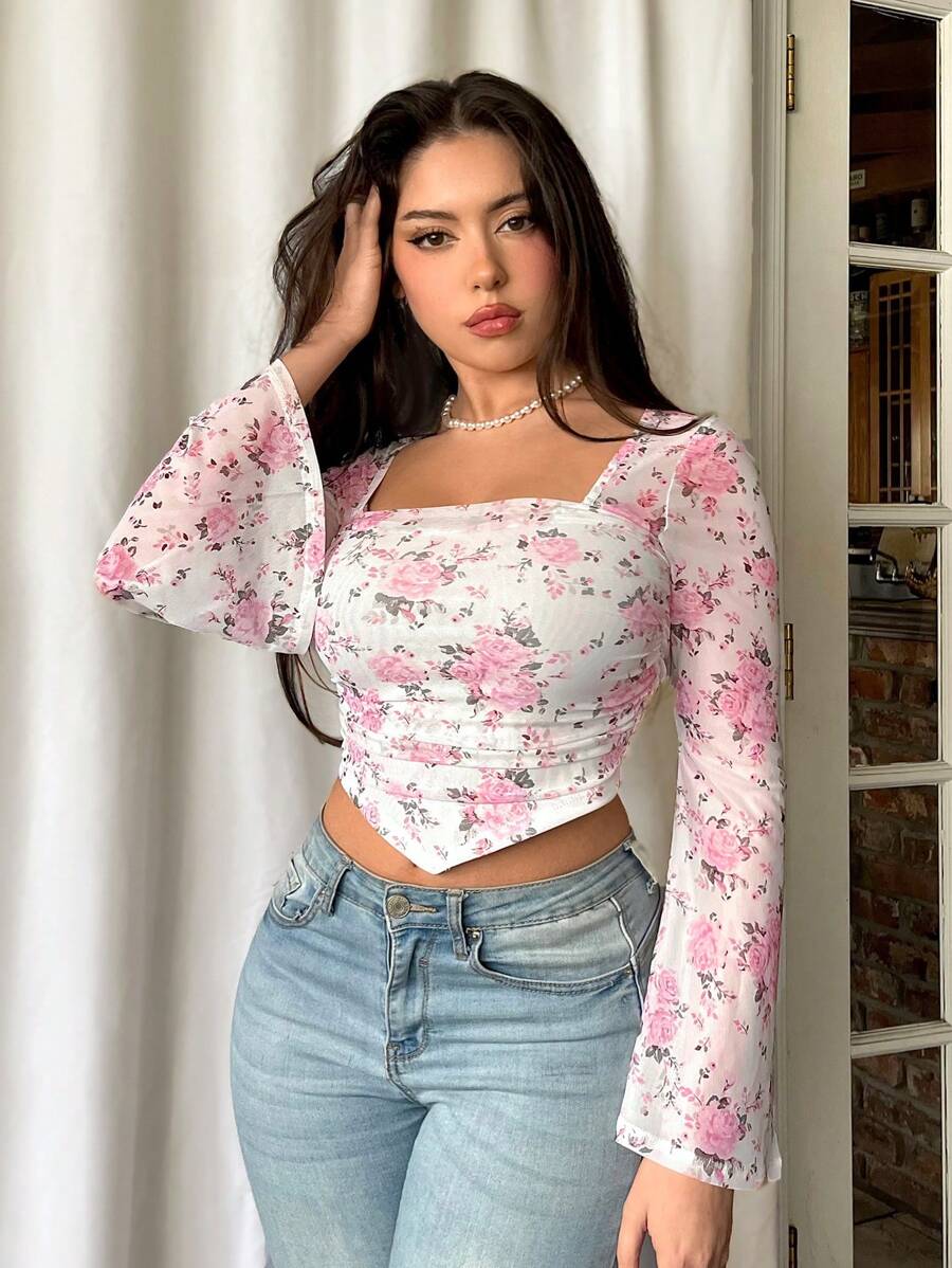 Firerie Floral Print Slim Fit Short Cropped T-Shirt With Bell Sleeves For Spring/Summer