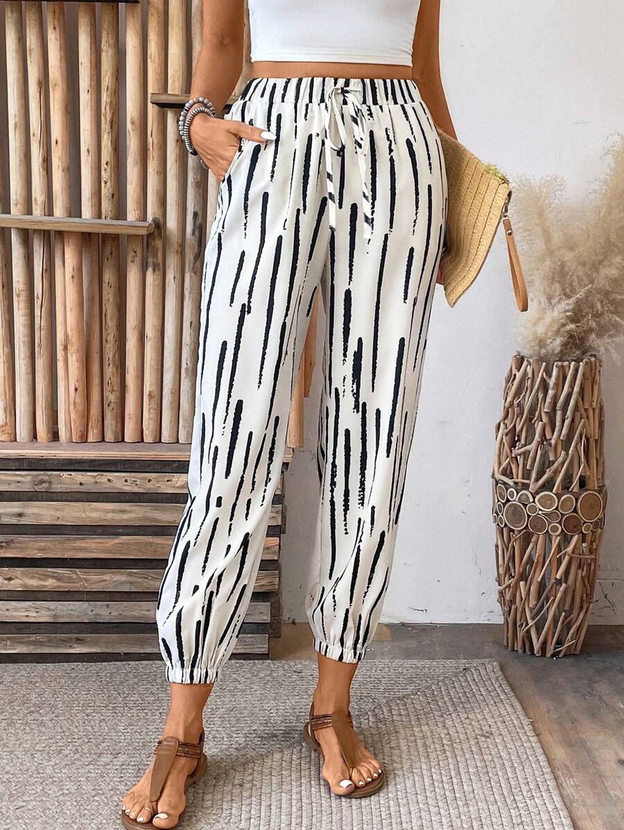 Breezaya Summer Vacation Color Block Striped Elastic Hem Cropped Pants