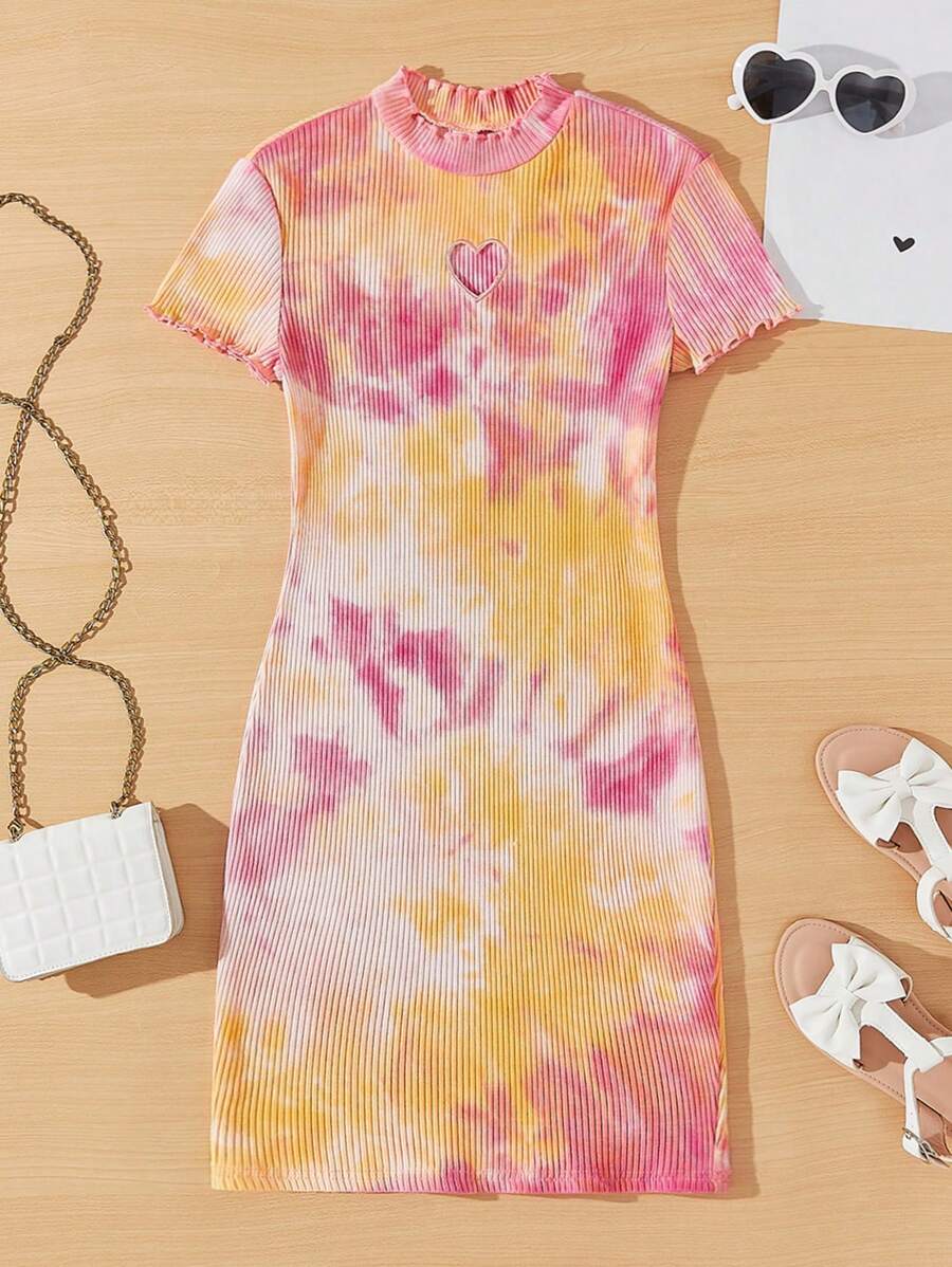 SHEIN Tween Girl Tie-Dye Heart Shaped Hollow Out Casual Dress For Summer