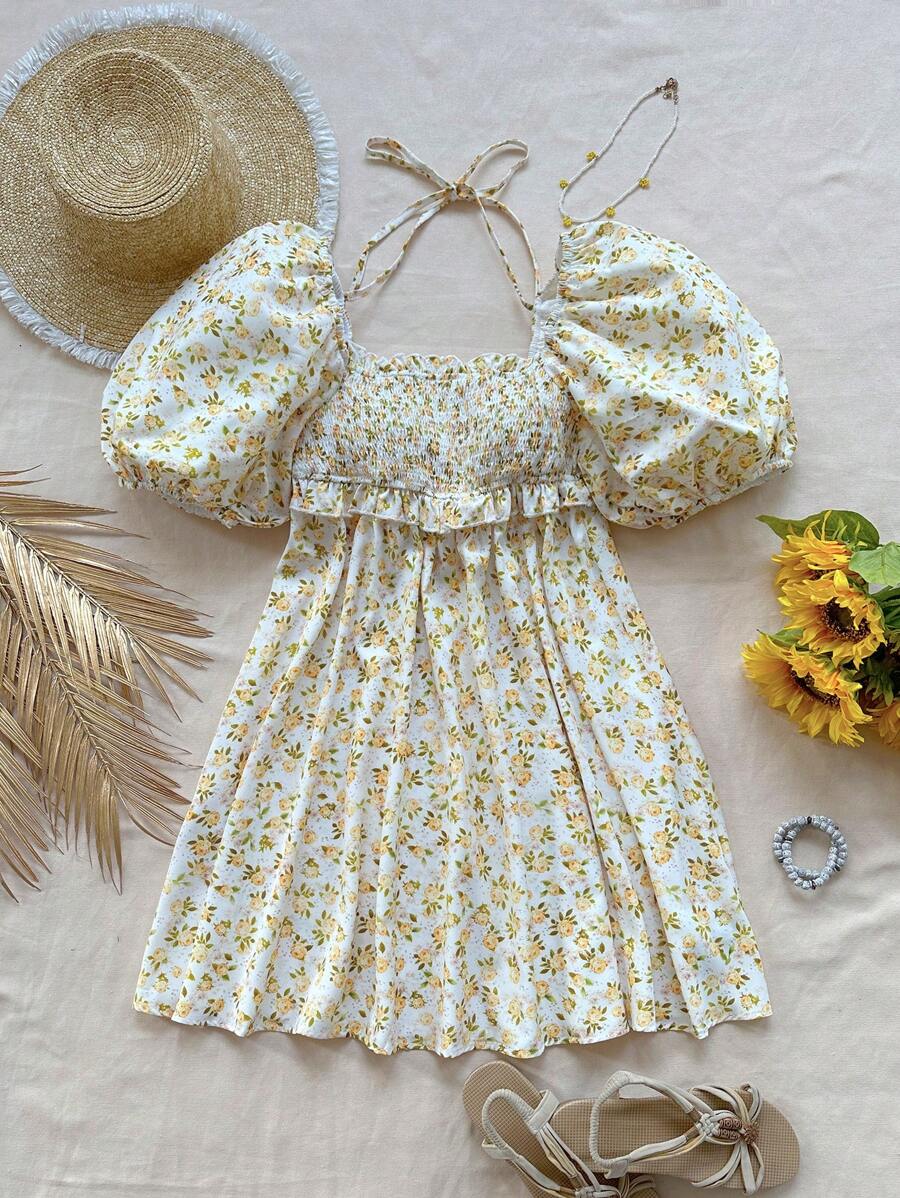 Soleia Women's Summer Vacation Romantic Countryside Princess Style Puff Sleeve Square Neckline Colorful Floral Printed Tiered Dress With Ruffle Trimmed