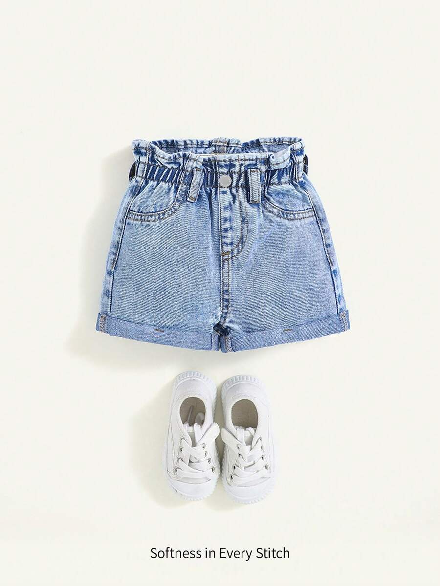 Cozy Pixies Baby Girl Spring Summer Boho Beach Washed Ruffle Trim Waist Baggy Casual Comfortable Denim Jeans Shorts, Summer Clothes Outfits