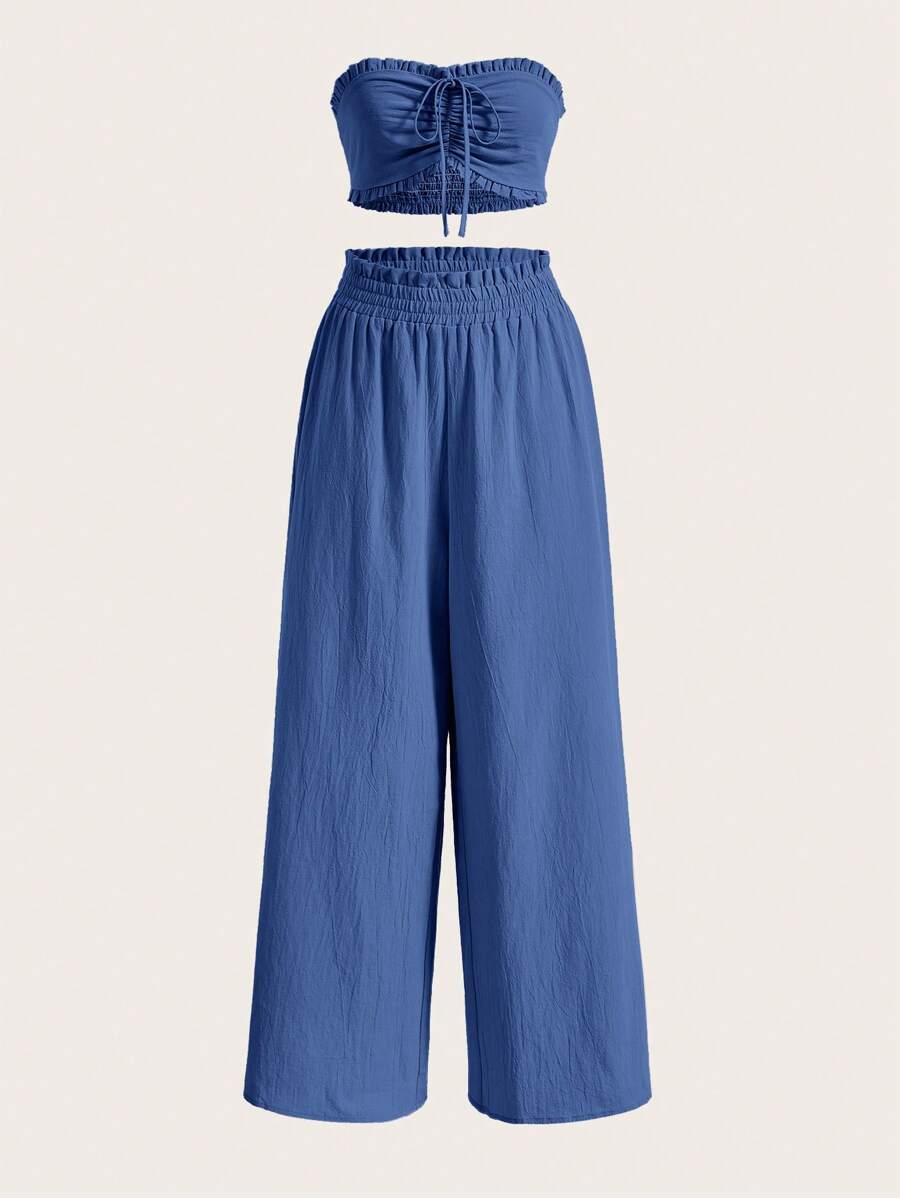 SHEIN EZwear Grote maten Blauw Jacquard Zonder bandjes Geplooide Tops En Papier Tas Broeken met brede pijpen Sets