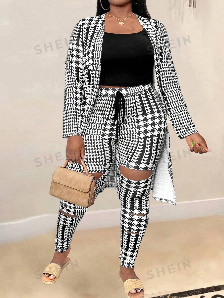 SHEIN LUNE Conjunto de tres piezas de talla grande con estampado de espiga y detalles desgastados