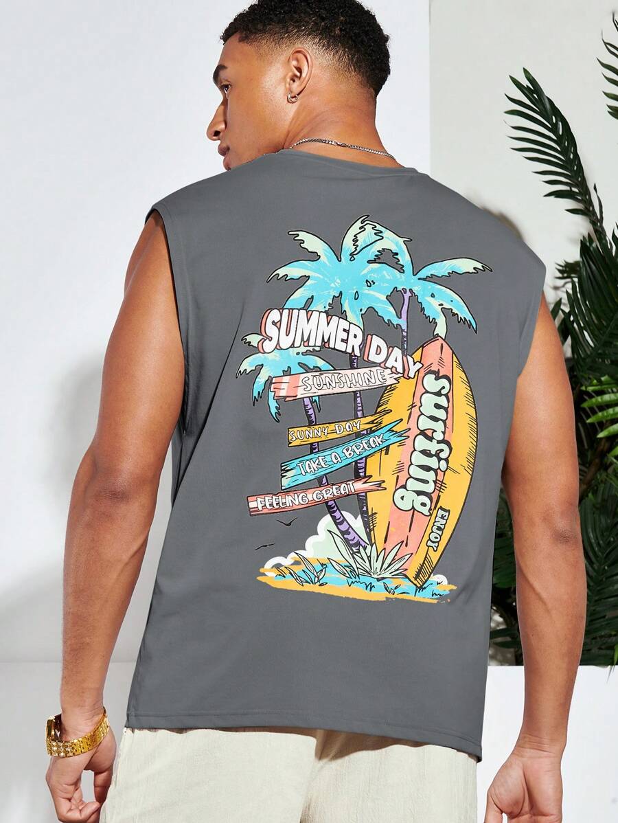 Manfinity RebelGame Canotta casual da uomo con stampa di alberi di cocco e lettere, con ampia fascia, per vacanza estiva