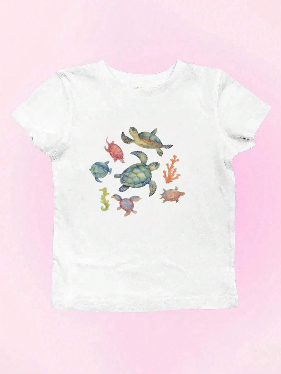 INAWLY Plus Size Turtle Ocean Animal Print Short Sleeve Casual Summer T-Shirt