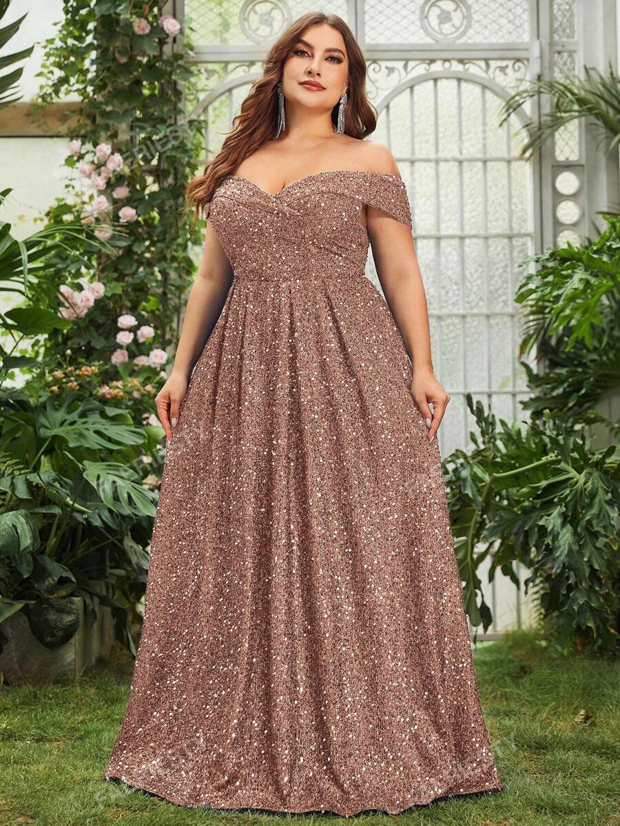 Faeriesty Plus Off Shoulder Sequin Formal Dress Elegant Prom Evening Wedding Guest Gown, For Graduation, Dinner Party Dress