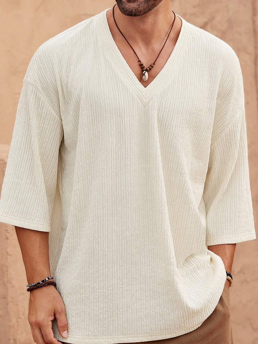Manfinity VCAY Camiseta informal de manga corta holgada con cuello en V de punto estilo bohemio para hombres, regalo para el novio, de verano