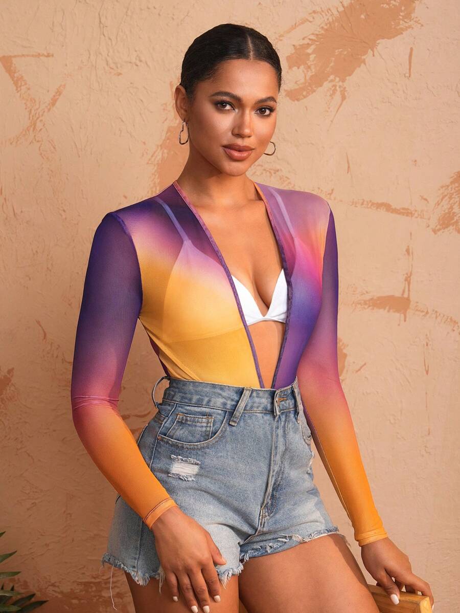 Israel Jasso Body transparente con escote en V profundo y estampado, diseño para mujer, para otoño, vacaciones y festivales