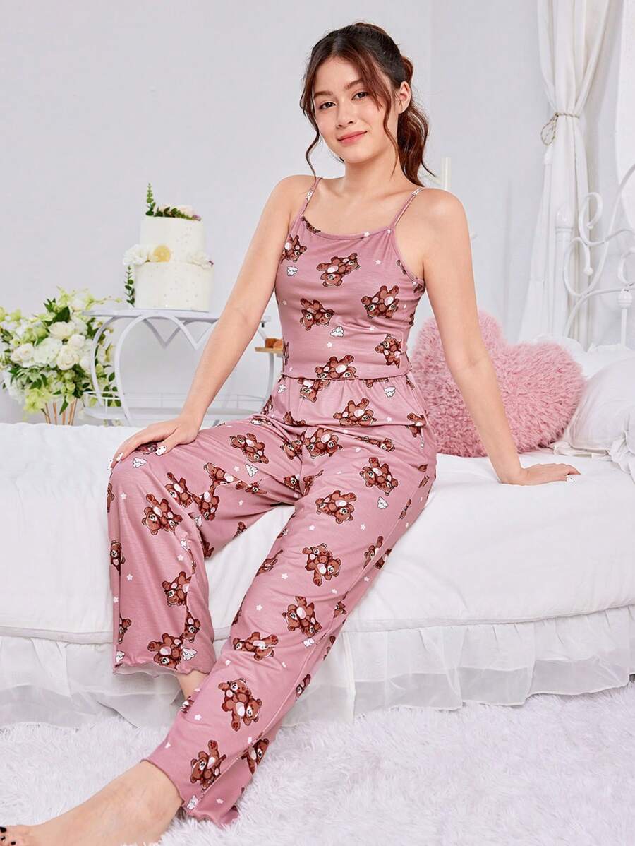 SHEIN Teen Girl Cute Bear Pattern Wedding/Party Cami Vest And Long Pants Flaming Retardant Outfits Set