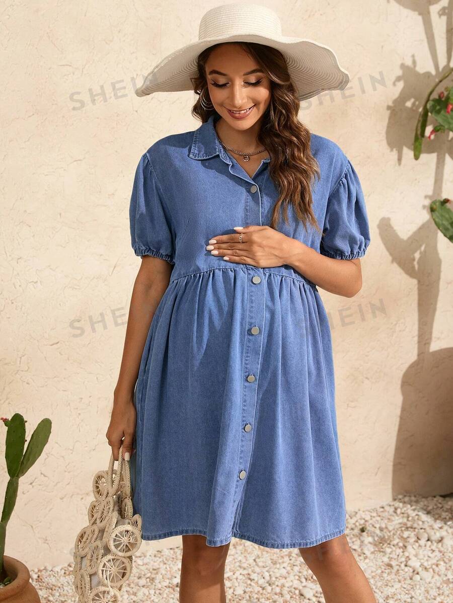 SHEIN Vestido informal de mezclilla con manga abombada y un solo botón para mujeres embarazadas