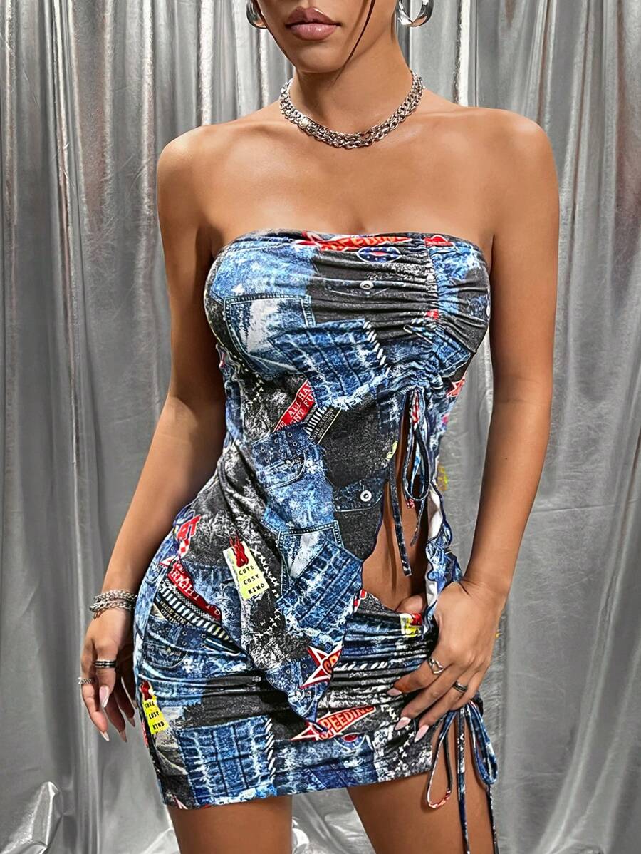 SHEIN ICON Women's Fashionable Strapless Smocked Tube Corset Bandeau Collarless Sleeveless Off-Shoulder Top With Drawstring Detail And Low Waist Drawstring Skirt Y2K Graphic Going Out Top And Skirt Set
