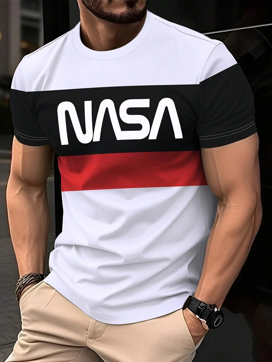 Manfinity Homme Men Letter Printed Color Block Casual Short Sleeve T-Shirt For Spring And Summer
