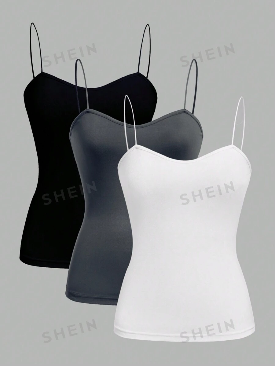 SHEIN EZwear Juego de 3 piezas de camisetas ajustadas casuales en negro, blanco y gris para mujer, apropiadas para el verano
