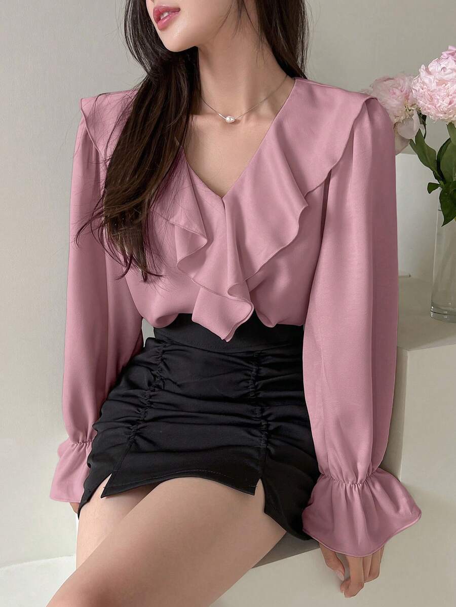 DAZY Solid Color Elegant Long-Sleeved Shirt With V-Neck And Ruffle Details