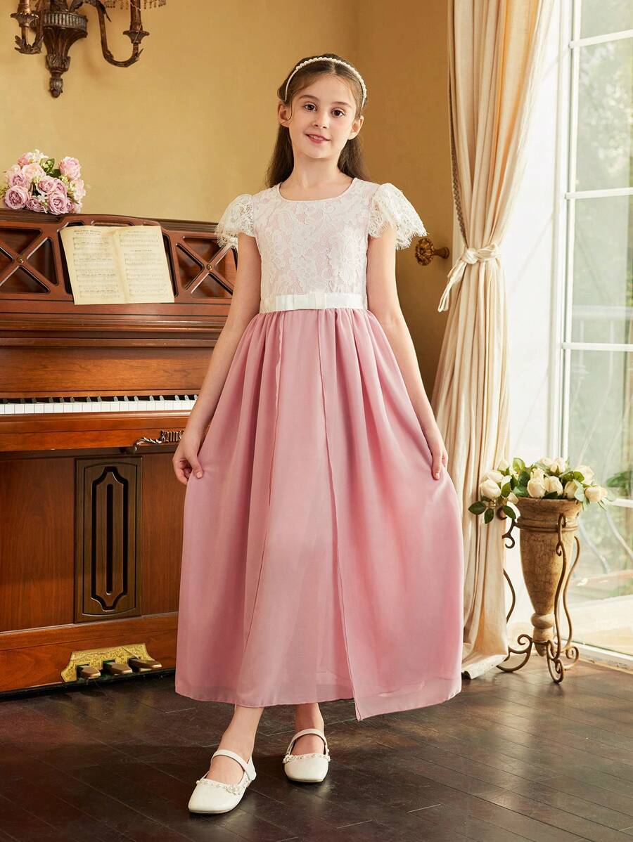 SHEIN Vestido de Chiffon com Renda Para Menina Pré-Adolescente Para a Temporada de Casamentos Como Vestido de Dama de Honra