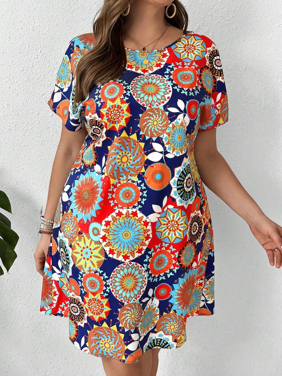 EMERY ROSE Vestido corte recto con cuello redondo en talla grande con estampado floral colorido, vestido de verano talla grande, vestido floral talla grande, vestido casual talla grande, vestidos de verano talla grande