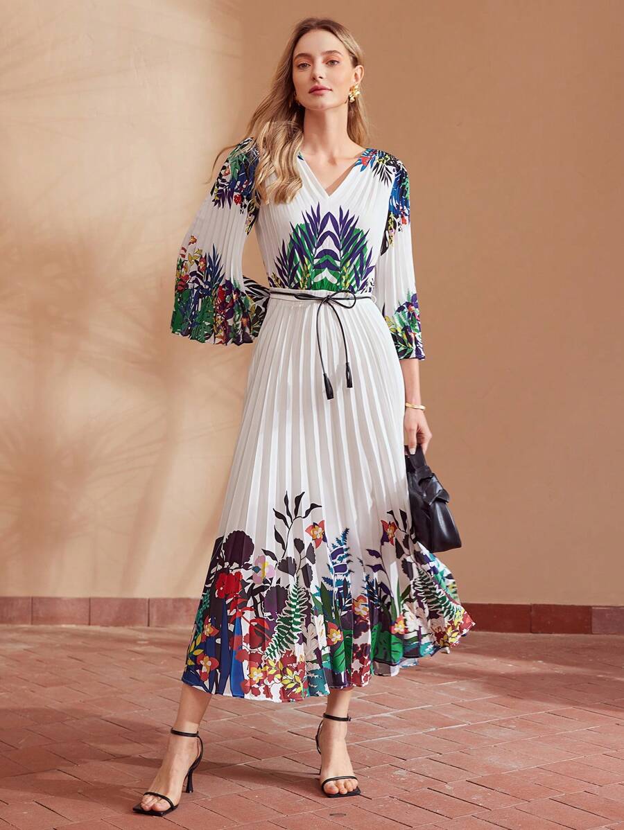 MOTF PREMIUM TROPICAL PRINT V-NECK BELTED DRESS