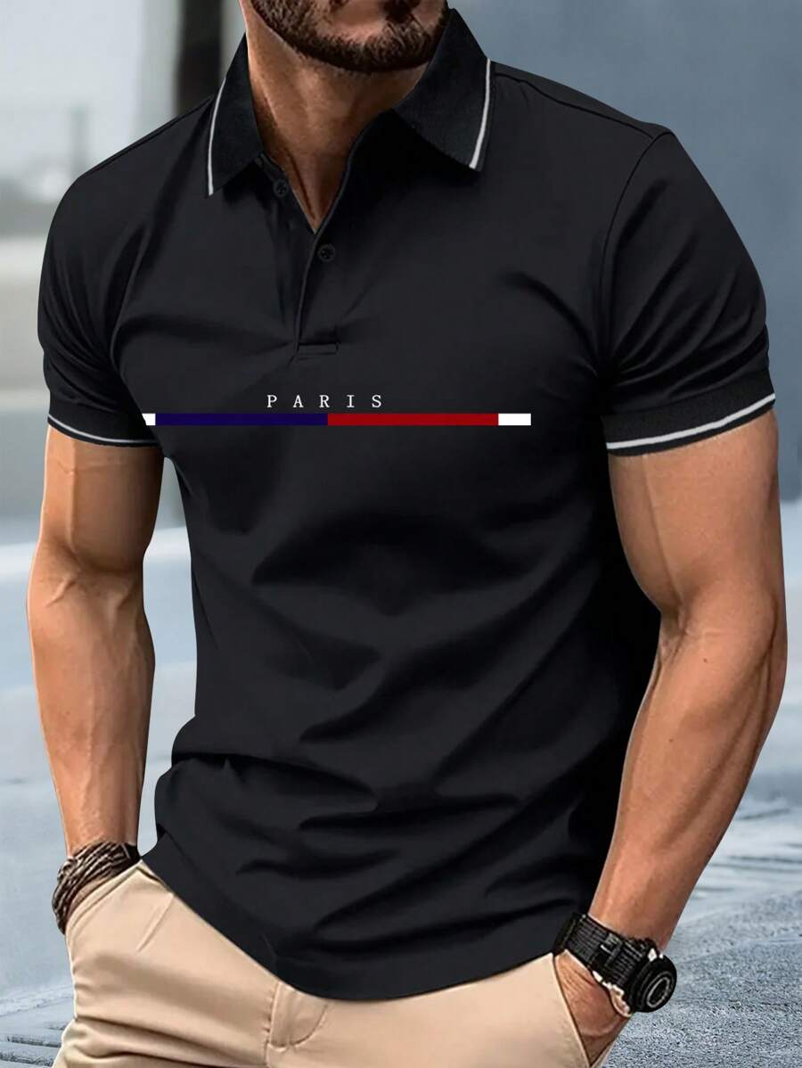 Chemise polo à manches courtes d'été pour homme, imprimé rayures vintage minimaliste Paris, col mince, sport décontracté, extérieur, polyvalent