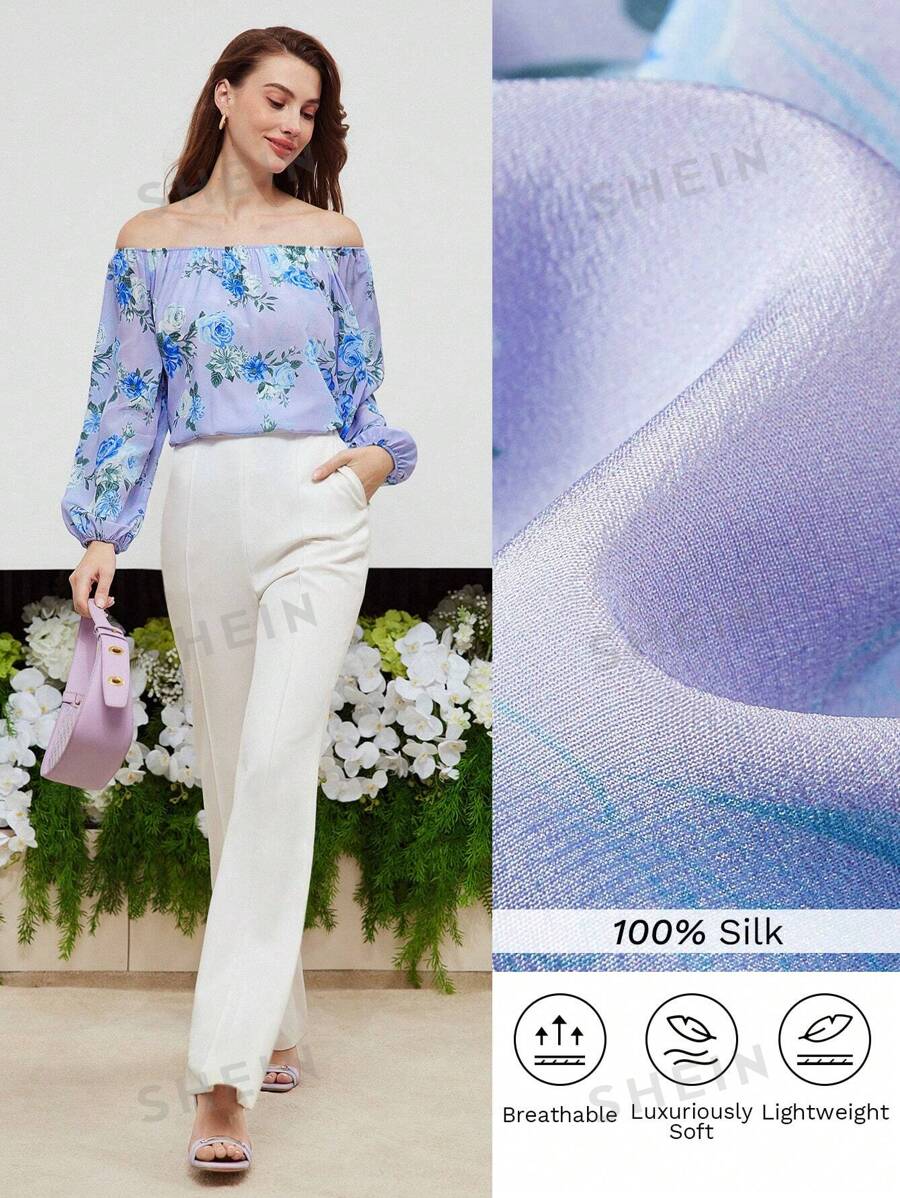 MOTF PREMIUM Blouse De Seda Con Estampado Floral De Manga De Linterna Y Con Hombros Descubiertos