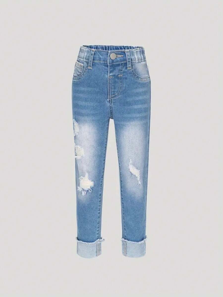 Jeans décontractés effilés et déchirés pour jeunes filles