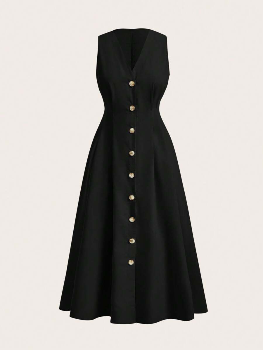SHEIN EZwear Button-Down Sleeveless A-Line Summer Casual Daily Dress With Cinching Waist