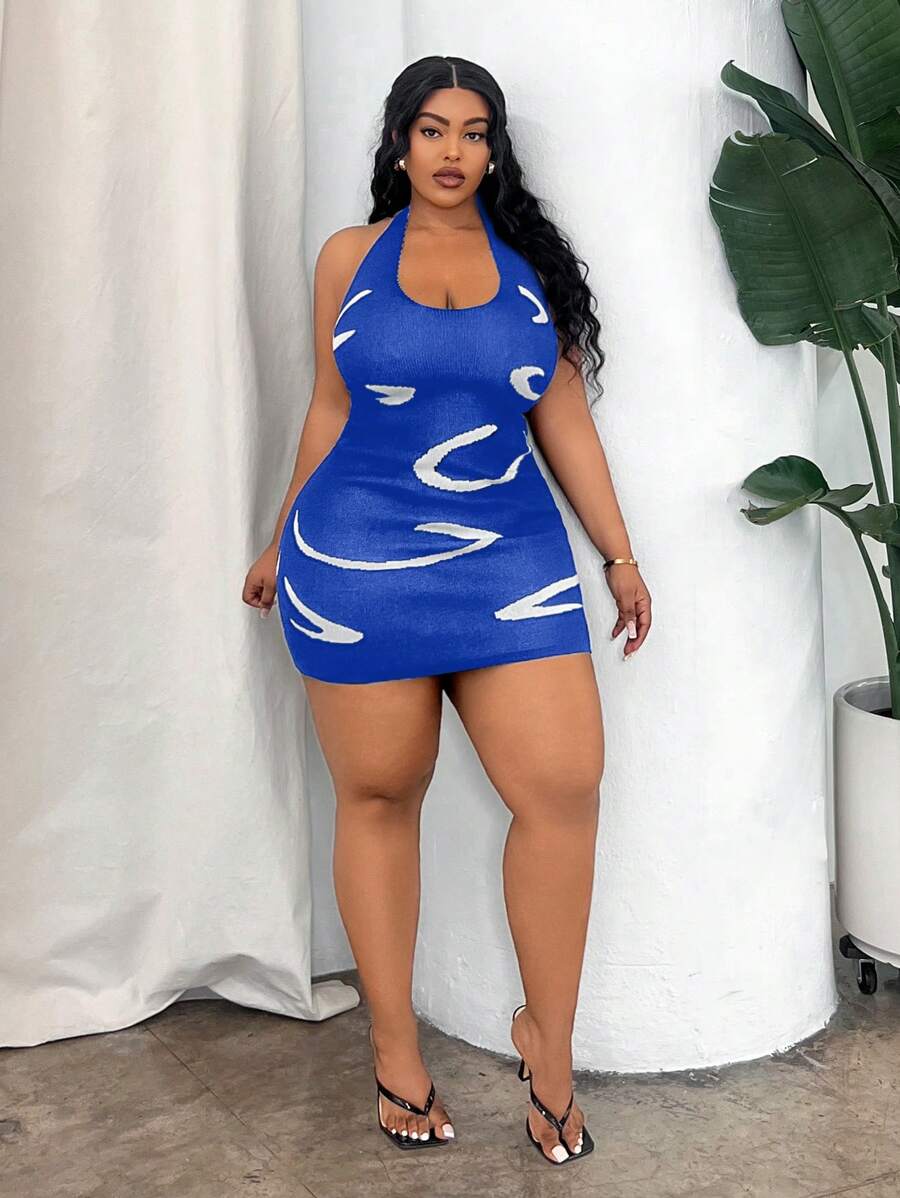 Maweii Vestido de suéter halter ajustado a la espalda sin mangas de talla grande y mini con bloque de color para vacaciones de verano