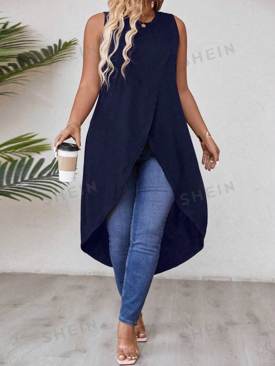 EMERY ROSE Top largo y sin mangas para verano con diseño envolvente de talla grande y dobladillo asimétrico de unicolor